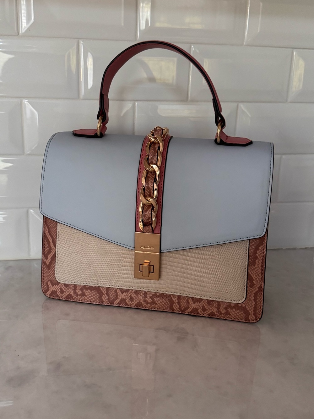 Aldo Top-Handle Colorblock and Snakeskin Handbag in Light Blue and Pink